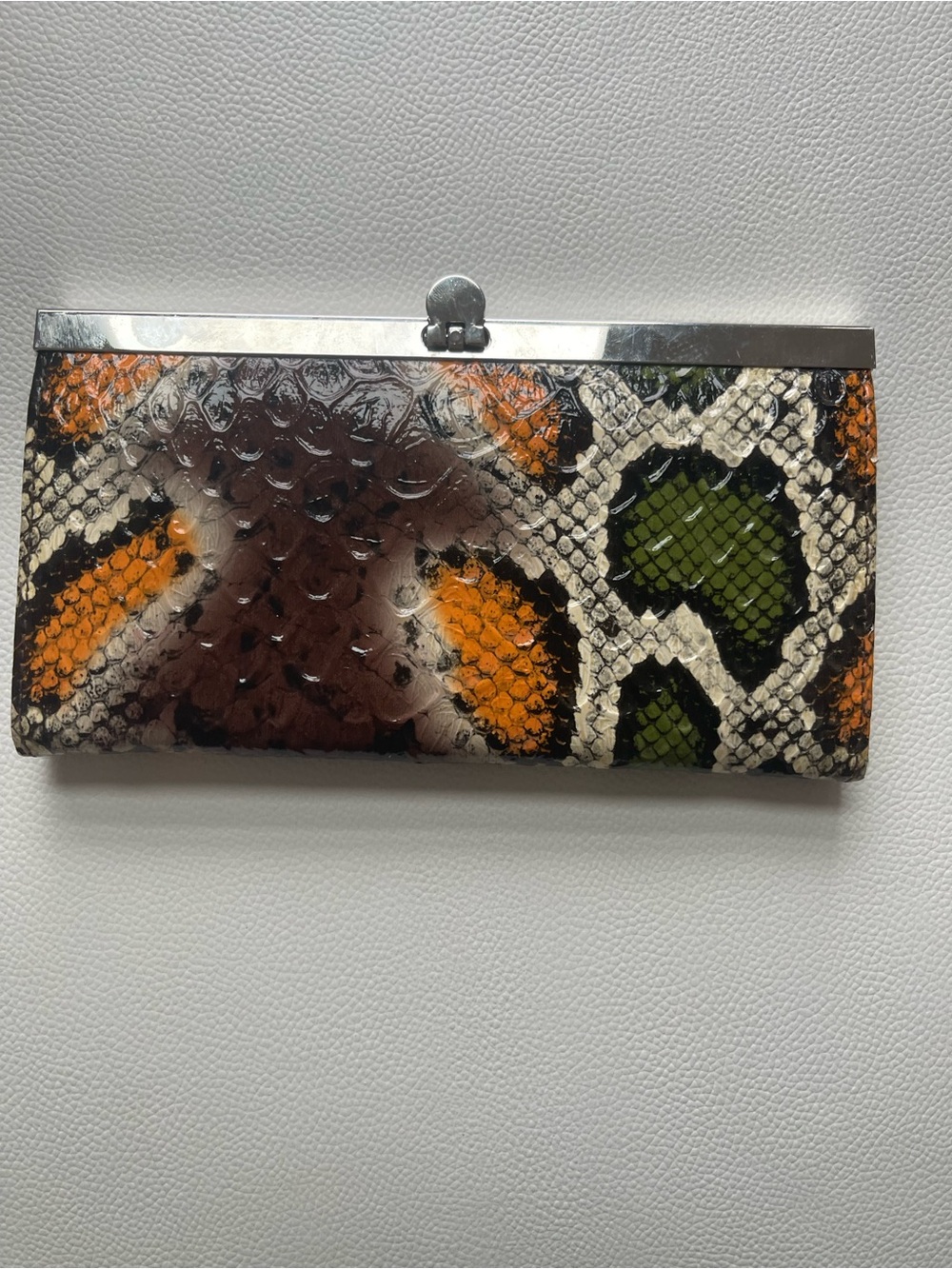 Snake-Print Clutch Wallet in Orange, Green and Brown